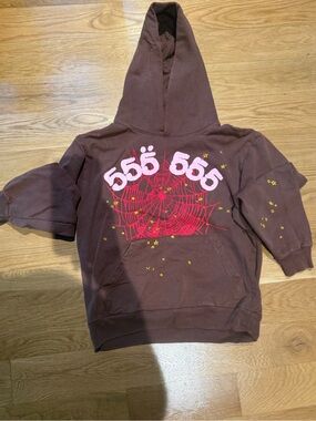 Kids Brown Hooded Sweatshirt with Pink Spiderweb Graphic